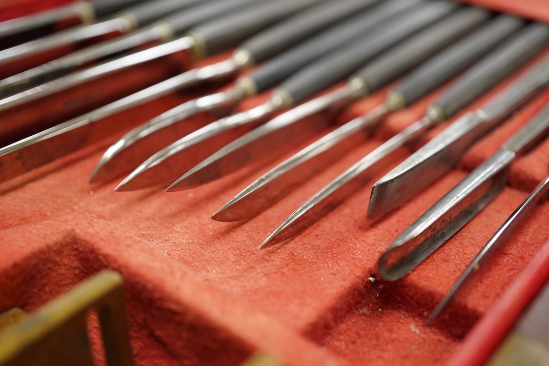 A 19th century surgeon’s set signed Mon. Charriere, Collin & Cie., Paris, in a fitted mahogany case, comprising of steel surgeons instruments; knives, scalpels, scoops, tourniquet, saws, rasps, some instruments stamped w